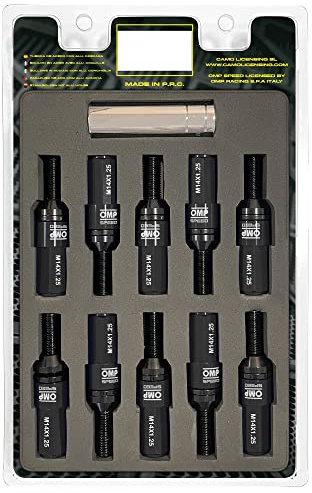 OMP Speed Set mit 20 Stahlschrauben mit Aluminiumschutz, farbig, M14 x 1,25, Schlüssel 17-19, Länge 28 mm, mit schwarzem Schutz aus Aluminium 7075 + DIN 12.9