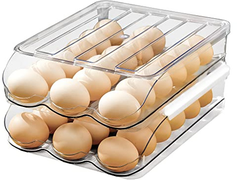 memeyou Eierhalter mit großem Fassungsvermögen für Kühlschrank, Auto-Roll-Eierbehälter, Organizer, Tablett, stapelbar, frisch, Aufbewahrungsbox für Kühlschrank, Kunststoff, transparent (2 Schichten)