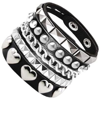 Tosmifairy 3 Pieces Punk Rock Leather Studded Bracelets for Women Pop 80s 90s Emo Jewelry Accessories Retro Adjustable Wrap Wrist Cuffs (Love Heart Style)