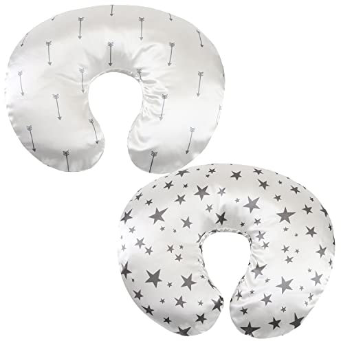 Satin Stillkissenbezug-Set – 2 Stück, ultraweiche Seide, kompatibel mit Boppy-Kissen zum Stillen, schützt Babyhaare und -haut – graue Pfeile und Sterne