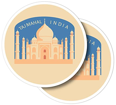Pegatinas redondas de vinilo (juego de 2) 10 cm – Taj Mahal Palace India Retro para portátiles, tabletas, equipaje, libros de recortes, neveras #59797