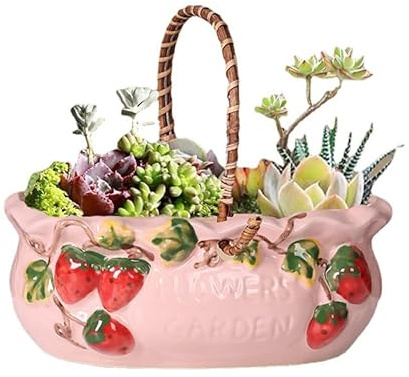 Korb Sukkulenten Pflanzgefäß, Rosa Keramik Sukkulenten Topf Groß mit Erdbeervase Blumentopf Einzigartiger Kaktus Behälter mit Loch Home Office und Garten Dekoration