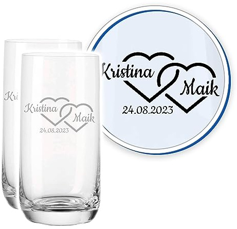LALALO Leonardo Hochzeit Trinkglas Geschenk-Set (2 St.) graviert, Trinkgläser mit Gravur personalisiert als Hochzeitsgeschenk, Wasserglas zum Hochzeitstag (Herzverschmelzung)