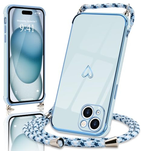 Micoden Handykette für iPhone 15 Hülle Necklace mit Band Herz Design | Kameraschutz Handyhülle Herz Design Galvanik Dünn Silikon Case Bumper Kordel zum Umhängen Stoßfeste Schutzhülle, Blau