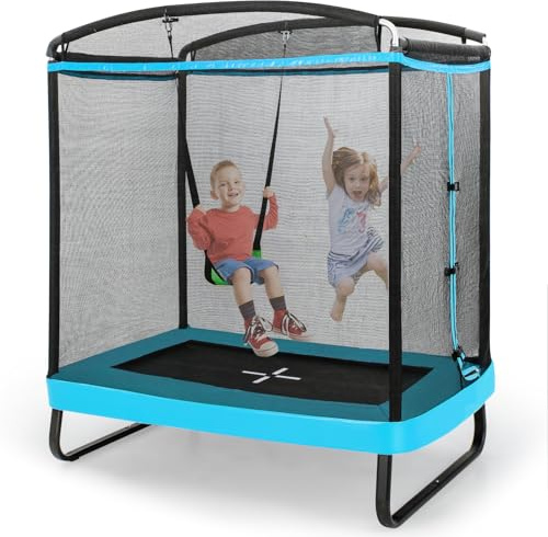 GOPLUS 2 en 1 Trampoline Exterieur Enfant avec Balançoire, Filet de Sécurité, Housse à Ressorts, Cadre en Métal Galvanisé, Trampoline pour Enfant 3 Ans+