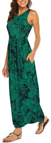 BDTECAOR Maxiklänning damer sommar boho ärmlös strandklänningar ledig lång tank klänning med fickor, Bladgrön, L