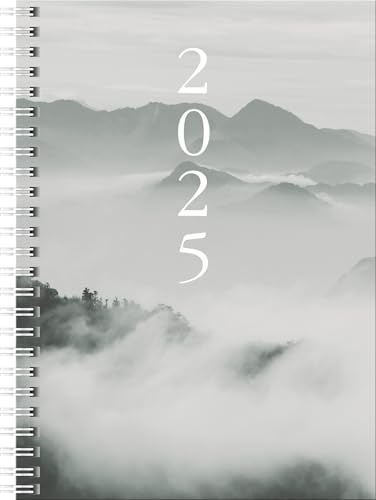 rido/idé Buchkalender Modell Timing 1 (2025) „Cloudy Mountains“, 2 Seiten = 1 Woche, A5, 160 Seiten, Grafik-Einband, grau