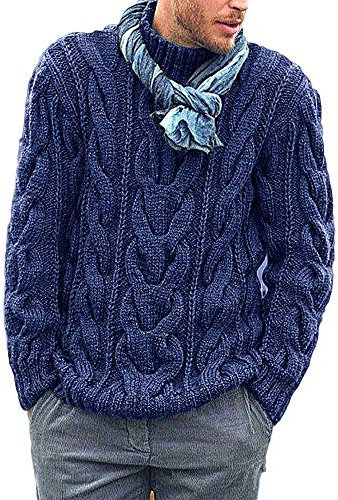 Runcati Knitted Mens Jumper Cable Knit Sweater Long Sleeve Ribbed High Neck Winter Pullover Thick Knitwear, Blue, XL