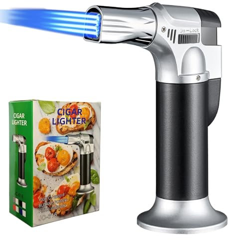 Butane Torch Lighter,Refillable Blow Torch Kitchen Cooking Torch with Safety Lock Adjustable Flame for Creme Brulee BBQ Baking—Butane Gas Not Included (Silver)
