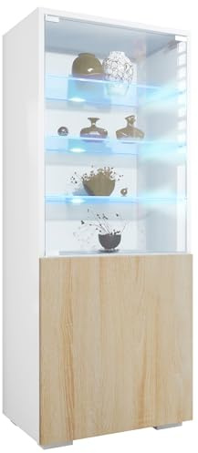 Vitrine Granada, Made in Germany, Vitrinenschrank mit Glastür und Glaseinsatz inkl. LED, Weiß matt/Eiche sägerau (50 x 122,5 x 34,5 cm)