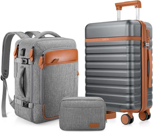 UKEIN Kofferset 3 Teilig Leicht 100% PC Reisekoffer mit Rollen Trolley & TSA Schloss,Hartschalenkoffer Set,Trolley Handgepäck Mit 1 Reisetasche und 1 Kulturbeutel (Grau, Handgepäck-Set 3tlg)