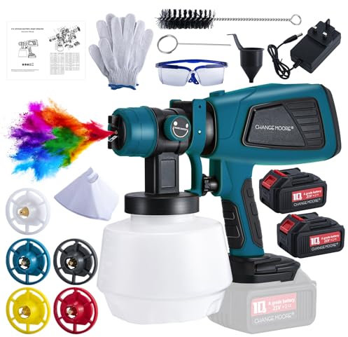 CHANGEMOORE Cordless Paint Sprayer 2 x 4A Batteries 1200ml Contariner, Brushless Paint Spray Gun with 6 Nozzles & 3 Sprayer Patterns, Charger, Adjustable Air Flow for House Garden Furniture, Blue