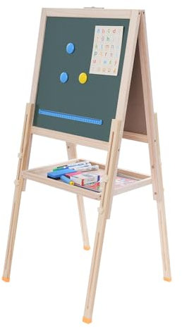 Standtafel Kinder Kindertafel aus Holz Höhenverstellbar Kinder Spiel-Tafel aus Holz Kinder Staffelei Doppelseitige Whiteboard und Kreidetafel