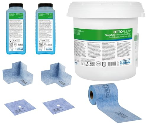 OTTOFLEX Komplett-Dichtset mit 12 kg Flüssigfolie und 1 Beutel Farbpaste (10g) 2 kg Voranstrich 2 Wanddichtmanschetten 15 x 15 cm 10 Meter OTTOFLEX Objektdichtband 2 Innenecken Abdichtung