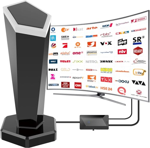 Antenne DVBT/DVBT2 avec amplificateur – Antenne HDTV d'intérieur pour téléviseur et base magnétique, portée de réception du signal 420 km et réception complète à 360°, prend en charge les canaux HD 4K