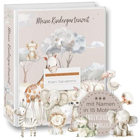 Kindergarten Ordner personalisiert A4 Namen Wunschtext Savanna Giraffe Affe Löwe Flamingo Elefant Krokodil - Meine Kindergartenzeit Kindergartenordner Krippe Portfolioordner Sammelordner Junge Mädchen