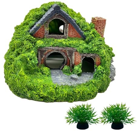 Guangyu Decorazione per acquario, hobbit, casetta nascondiglio con foro cavo per acquari, capanna, grotta dell'acquario, giardino roccioso, piante, accessori per acquari
