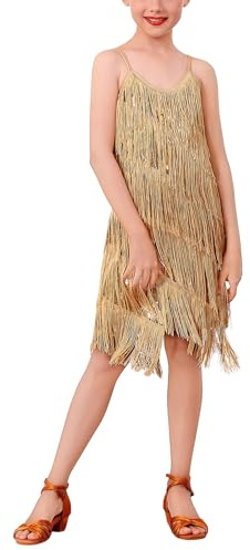 EFOGEP Mädchen 20er Jahre Fransenkleid, Latein-Tanzkleid mit Pailletten | Mehrlagige Fransen und verstellbare Träger für Cha-Cha, Samba, Jazz, Ballroom, Partys und Bühnenauftritte