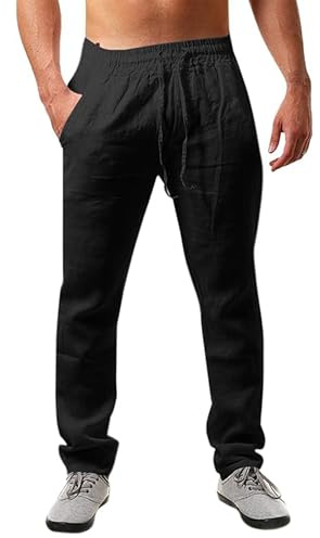 JESDM Pantalon en Lin Hommes Été Automne Lâche Pantalon en Lin décontracté avec Poches Ceinture élastique Noir M