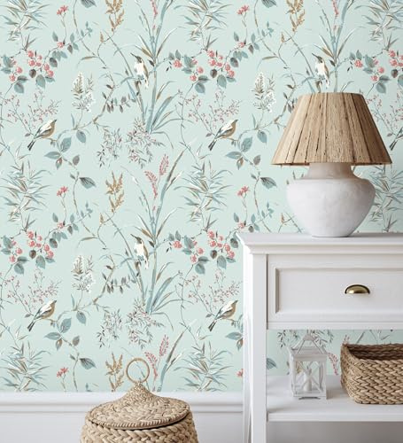 GAULAN 683551 Papier peint à branches et oiseaux romantique sur fond bleu turquoise pour mur salon chambre couloir jeune salle à mange tête de lit - Rouleaux de 10 m x 0,53 m