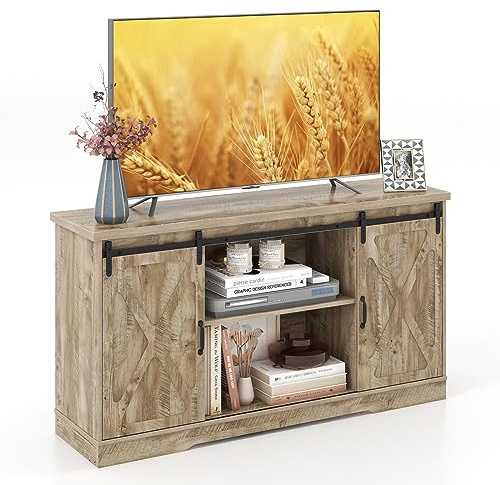 COSTWAY TV Stand Cabinet for 65 Inch TVs, 150cm Farmhouse Media Entertainment Center with Sliding Barn Door and Open/Adjustable Storage Shelves, Wooden TV Unit Console Table for Living Room Bedroom