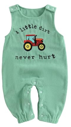 Carolilly Infant Baby Dungarees Newborn Baby Boys Sleeveless Corduroy Romper Round Neck Tractor Embroidery Jumpsuit Toddler Cute Clothes (Green, 3-6 Months)