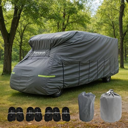 Farosun Wohnwagen Abdeckung, 4-lagige Schutzhülle für Wohnmobil, wetterfest & atmungsaktiv, UV-beständig, reißfest und wetterfest, Hagelschutzplane für Winter & Sommer, 570×230×270 cm