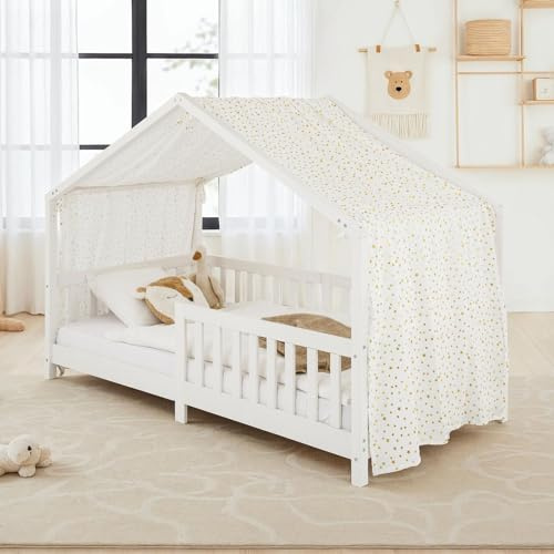 IDIMEX Rideau de lit LIAN en Mousseline 100% Coton 125 x 390 cm, pour Lits cabanes Enfants, Tissu léger et Doux, Blanc étoilé