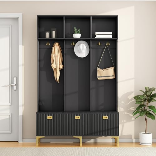 Lumivortex Garderobe mit Sitzbank, Flurgarderobe Schmal mit Rillenoptik & Metallfüßen, Garderobenschrank mit Fächern & Stauraum, Garderobe Set, Flurschrank, Flur Möbel, 120x40x191.5cm (Schwarz)