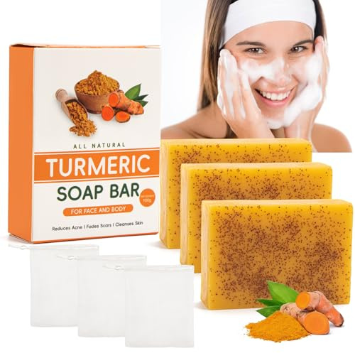 3 Pièces Kojic Acid Soap Turmeric Soap, Savon Curcuma Visage et Corps, Savon le Naturel pour Eclaircissant Peau, Dark Spot, Acne, Hyperpigmentation