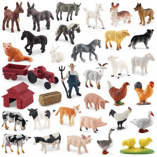 Odoukey 34 Pezzi Figurine di Animali da Fattoria, realistiche Figure di trattori per Bestiame da Fattoria Set da Gioco, Giocattoli educativi in ​​Resina per Bambini Piccoli Regali per Bambini