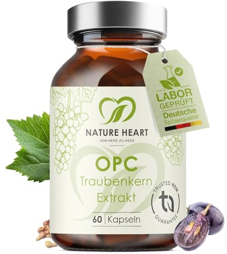 Nature Heart OPC Traubenkernextrakt 60 Kapseln – 200 mg OPC je Kapsel, 95% Polyphenole – aus französischen Trauben, hochdosiert, vegan & ohne Zusatzstoffe