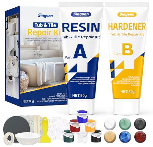 Bath & Tile Repair Kit 80g – Ceramic tile repair kit for bathtubs, Shower Trays, Sinks & countertops,(6 Colours Included) epoxy fixes chips, cracks & scratches on porcelain, marble, granite