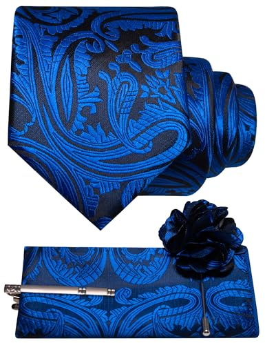 JEMYGINS Juego de corbata con patrón paisley barroco para hombre, poliéster elegante, pañuelo, clip de corbata, flor para solapa, para boda, negocios, multicolor, azul cobalto, Talla única