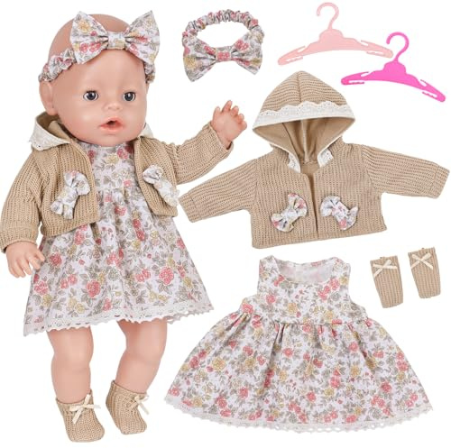 6 stycken dockkläder för 30–40 cm babydockor, kaki jacka rosett pannband klänning strumpor galgar, dockklänningar 30 cm 36 cm 38 cm docktillbehör presenter för flickor pojkar