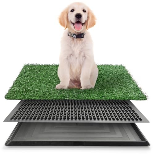 LeFluffy Dog Grass Pad with Tray, Dog Grass Pee Pad Artificial Grass for Puppy Potty Training, Portable Dog Toilet Pet Loo, 3-Layer System, 64 x 51 cm