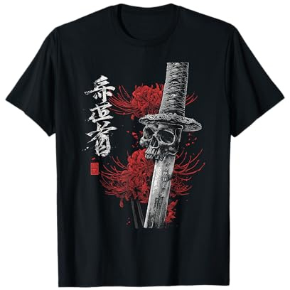 Rosso Ragno Giglio Fiore Katana Skull Anime Giapponese Otaku Maglietta