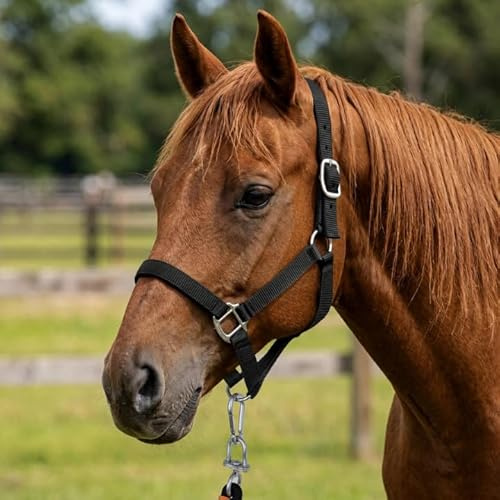 PASHA & CO Pferdehalfter aus Neopren & Nylon – Verstellbares Pferdezaumzeug mit Robusten Metallschnallen, Weiches Stallhalfter für Pferde, Pony Halfter für Training, Transport & Weide (Black)