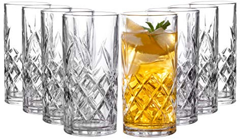 Royalty Art Kinsley Tall Highball Glasses Set of 8, 12 Ounce Cups, Textured Designer Glassware for Drinking Water, Beer, or Soda, Trendy and Elegant Dishware, Dishwasher Safe (Hiball)