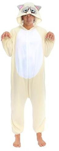 Chaks - Grumpy Cat-kostym, overall med huva, onesie för vuxna, djurdräkt för karneval, temafest