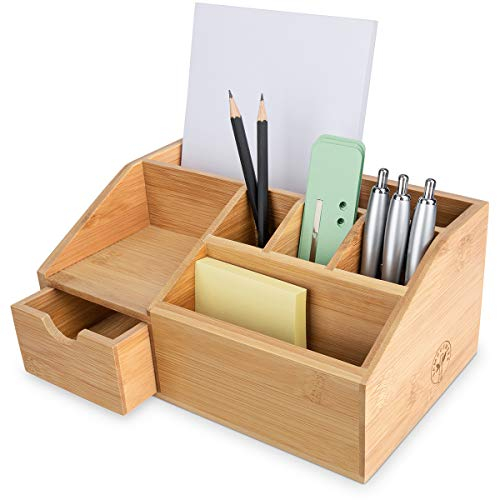 Thingles Bambuswerk Schreibtisch-Organisator aus Holz mit Schublade - Stiftebox, Schreibtischablage - Büro-Organisation, Ablage, Stiftehalter aus Bambus für Schreibtisch, Home-Office