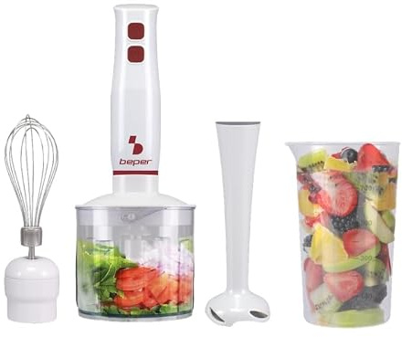 BEPER P102FRU200 Set frullatore a immersione 4in1,400W, Frullatore, Tritatutto 500 ml, Frusta, Bicchiere graduato 700 ml, Funzione turbo, Bianco/Rosso