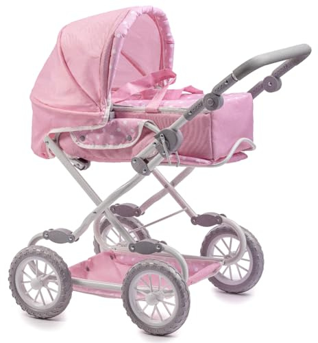 JC Toys | Berenguer Boutique | Deluxe Foldable Baby Doll Stroller with Canopy | Removable Carry Basket | Pink | Ages 3+