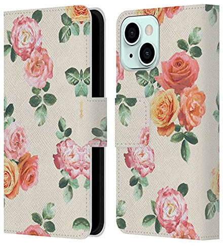 Head Case Designs Licenza Ufficiale Micklyn Le Feuvre Rose Rosa e Pesca Floreale Custodia Portafoglio in Pelle Compatibile con Apple iPhone 13 Mini