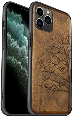 Carveit Coque pour iPhone 11 Pro [Élégant Noyer] [Pare-Chocs en TPU Souple] Coque de téléphone Antichoc Compatible avec 11Pro Coques en Bois (Arbre éternel)