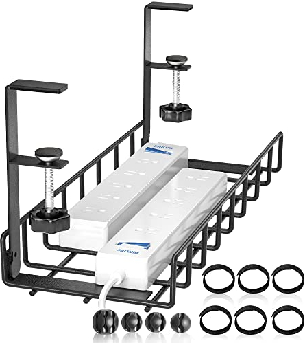 Under Desk Cable Management Tray, Xpatee Upgraded Wire Management No Drill No Screws, Cable Tray with Clamp for Wire Organizers, Computer Cord Rack for Office, Home - No Damage to Desk Black