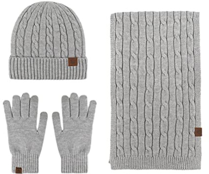 Pulcykp Set aus Mütze, Schal und Handschuhen für Damen, weich, gestrickt, flauschig, Kaschmir-Schal, hellgrau, One size