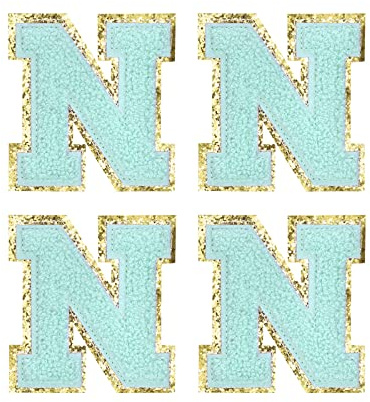 sourcing map 4 Stück Buchstaben zum Aufbügeln, Selbstklebende Chenille Buchstaben N mit Gold Rand, Gestickter Patch zum Aufbügeln für Kleidung, Tasche, Stoffe, Handyhülle(Blau)