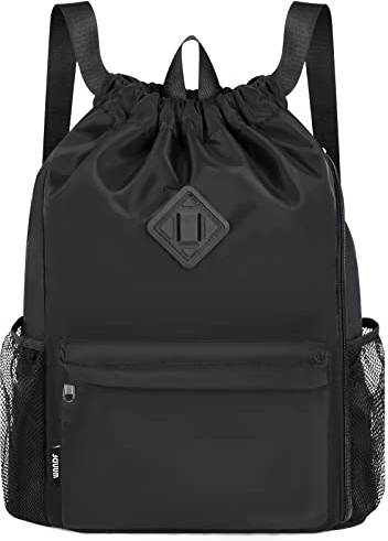 WANDF Drawstring Backpack Sports Gym Bag with Shoes Compartment, Water-Resistant String Backpack Cinch for Women Men (Black,Large)