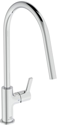 Ideal Standard – Gusto Küchenarmatur, Hoher Auslauf mit zylindrischem Querschnitt, mit FirmaFlow Kartusche, Schwenkbereich 360°, Schnellmontagesystem EasyFix+, Chrom